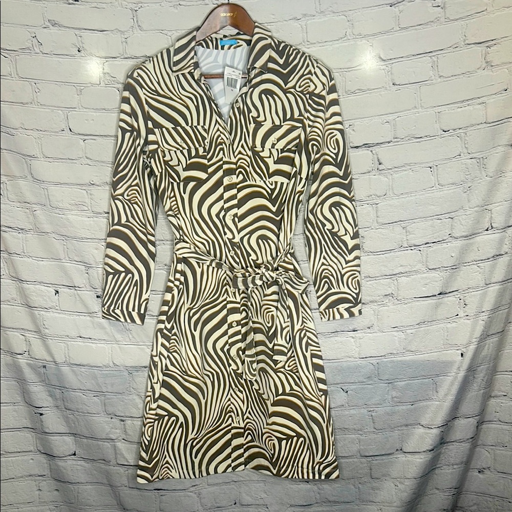 J. McLaughlin Brown & Cream Long Sleeve Button Down Belted Dress Size Medium New